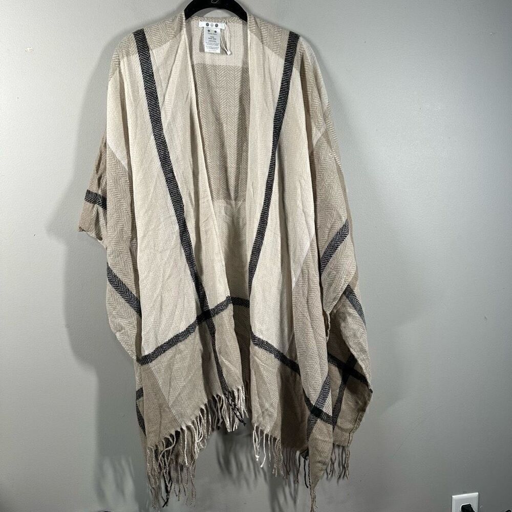 Three Dots tan beige window pane fringe trim wrap shawl blacker scarf